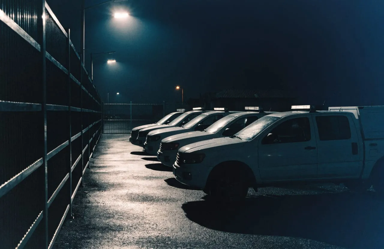 The response fleet in the depot yard at the start of a night shift.